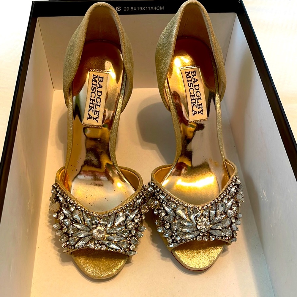 Badgley Mischka Candance II gold Women’s heels, swarovski crystals wedding